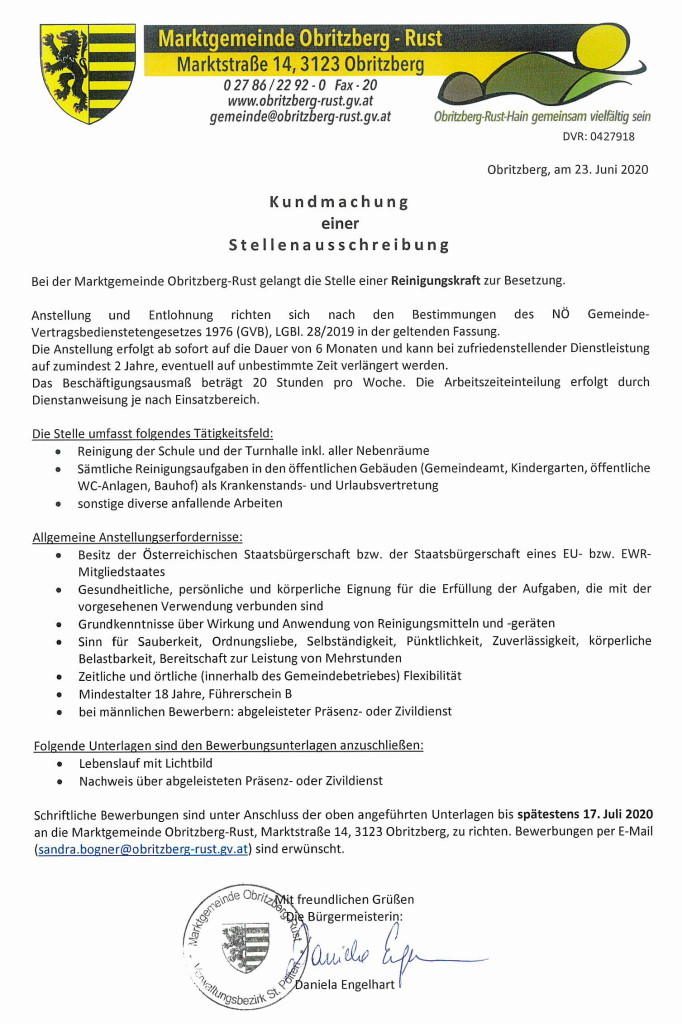 Stellenausschreibung Reinigung