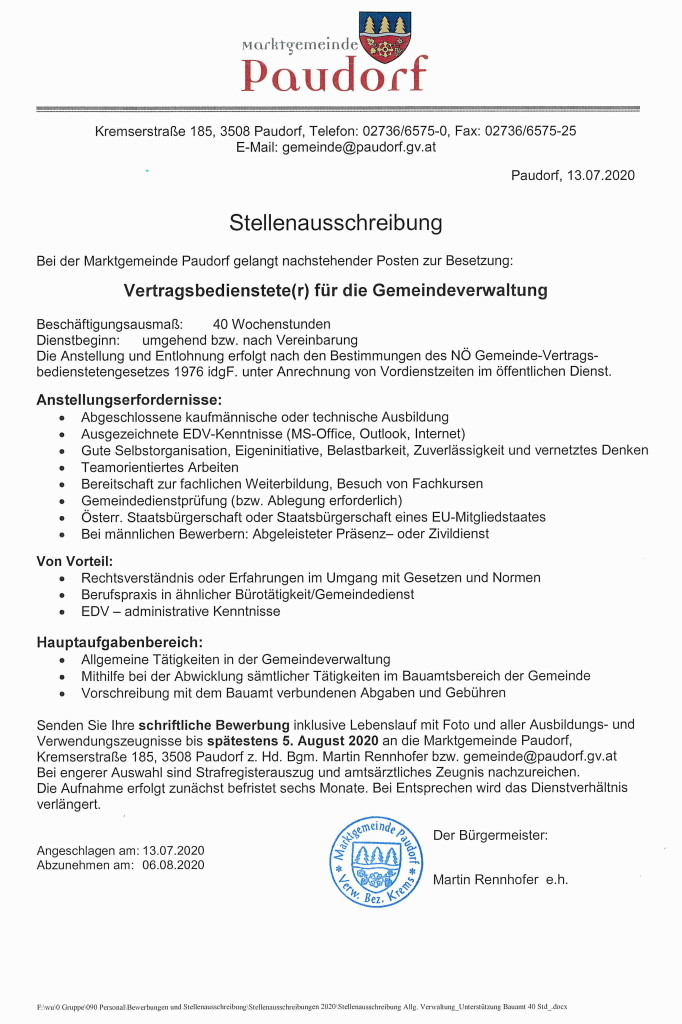 Stellenausschreibung Gemeinde Paudorf i