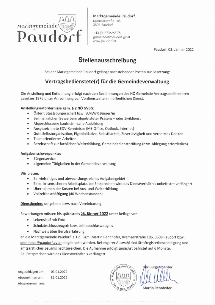 Stellenausschreibung Paudorf Verwaltung