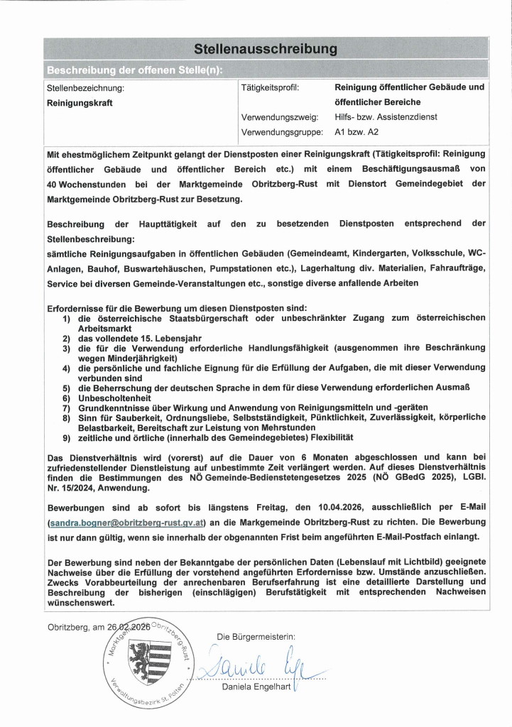 Stellenausschreibung Reinigung