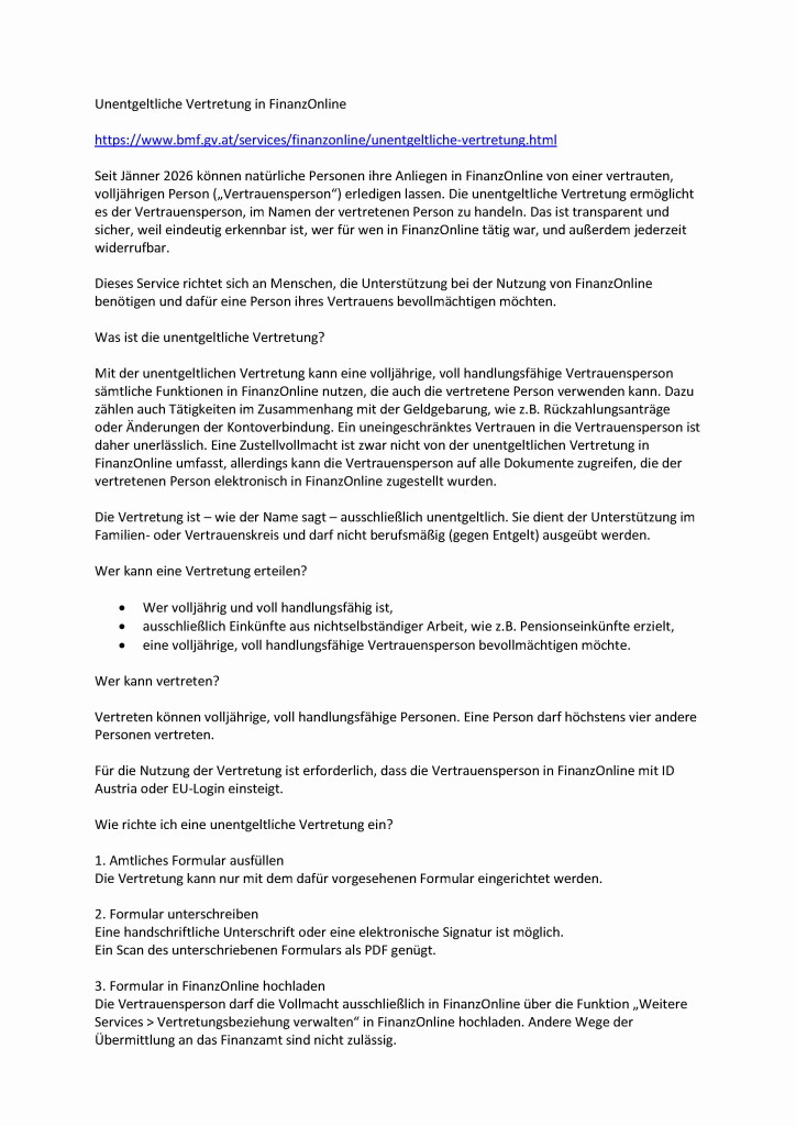 Unentgeltliche Vertretung in FinanzOnline